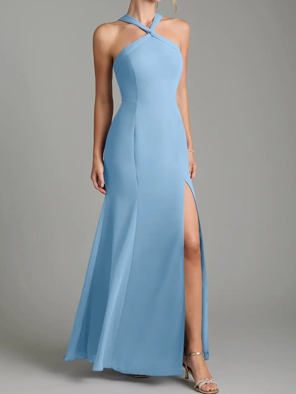 Azazie Rue Steel Blue Twist-Neck Bridesmaid Dress Evening Gown